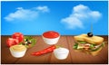 Mock up illustration of sandwich and different sauces on abstract background