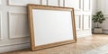Interior poster mock up with horizontal empty wooden frame, Scandinavian style, 3D rendering Royalty Free Stock Photo