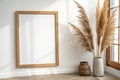 Interior poster mock up with horizontal empty wooden frame, Scandinavian style, 3D rendering Royalty Free Stock Photo
