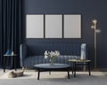 Mock up Interior of the living room in monochrome blue with three posters. 3d render Royalty Free Stock Photo