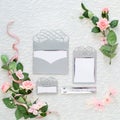 Mock up of invitation to wedding. Handmade greeting card. Royalty Free Stock Photo