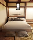 Japanese bed room interior has lamp katana sword and pillow. 3D rendering