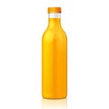 Mock Up Juice Glass Plastic Yellow Orange Bottle On White Background Isolated.