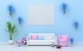 Mock up Kids room interior decorated,  wall in child room with Picture frame, 3d rendering illuatration. Royalty Free Stock Photo