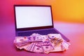 Mock up laptop with white screen and bundles of dollars and euros against a background of bright colored light Royalty Free Stock Photo