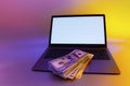 Mock up laptop with white screen and bundles of dollars and euros against a background of bright colored light Royalty Free Stock Photo