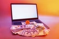 Mock up laptop with white screen and cryptocurrency Bitcoin, dollars and euros against a background of bright colored light Royalty Free Stock Photo