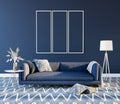 Mock up Living room interior design with blue sofa 3D render Royalty Free Stock Photo