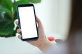 Mock up mobile phone, Docter woman hand holding smart phone with blank on screen and medicine on desk at clinic office