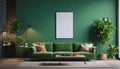 Mock up Modern interior design. Green color theme living room with Frame mockup as wall poster and a plant in the corner of the