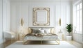 Mock up of a modern minimalistic luxury bedroom with a double bed and decorations. idea for an interior design concept