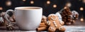 Mock-up mug with Gingerbread cookies. Bokeh effect lights background. Generative AI