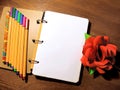 Mock up note book pen pencil paper rose peony flower photo Royalty Free Stock Photo