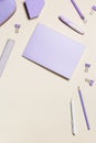 Mock up notebook very peri trend colored and pencils, pens, paper clips, school stationery flat lay. Back to school Royalty Free Stock Photo