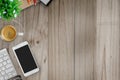 Mock up Office desk table with computer, supplies and coffee cup. Royalty Free Stock Photo