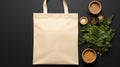 Mock-up of one empty reusable rectangular canvas bag near spices. Eco-friendly shopping bag made of natural material