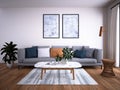 Mock up a perfect spacious living room with a large comfortable sofa