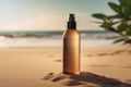 mock-up, a photo of a bottle for cosmetics in a natural location against background of a sandy beach