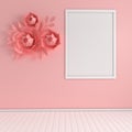 Mock up photo frame in modern interior. Paper flowers and leaves bouquet wall decoration. 3d render. Cosy room with empty poster