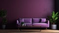 Mock up picture frame in the dark purple room interior with purple velvet sofa, realistic background with plant pot on Royalty Free Stock Photo