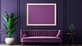 Mock up picture frame in the dark purple room interior with purple velvet sofa, realistic background with plant pot on Royalty Free Stock Photo