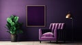 Mock up picture frame in the dark purple room interior with purple velvet sofa, realistic background with plant pot on Royalty Free Stock Photo