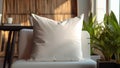 Mock-up pillow case. Blank template closeup white pillow canvas background. Mockup copy space pillowcase in room on sofa. Stylish