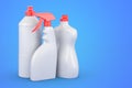 Mock-up plastic bottles. Detergent, cleaning products on blue background, 3D rendering