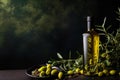 Mock up with plump green olives and bottle of premium olive oil Royalty Free Stock Photo