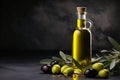 Mock up with plump green olives and bottle of premium olive oil Royalty Free Stock Photo