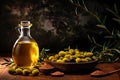 Mock up with plump green olives and bottle of premium olive oil Royalty Free Stock Photo