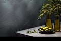 Mock up with plump green olives and bottle of premium olive oil Royalty Free Stock Photo