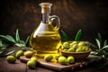 Mock up with plump green olives and bottle of premium olive oil Royalty Free Stock Photo