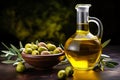 Mock up with plump green olives and bottle of premium olive oil Royalty Free Stock Photo