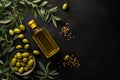 Mock up with plump green olives and bottle of premium olive oil Royalty Free Stock Photo