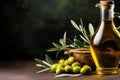 Mock up with plump green olives and bottle of premium olive oil Royalty Free Stock Photo