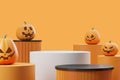 Mock up podium with scary pumpkins with diabolic smile on orange background