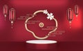 Mock up poium China Red, minimal .red geometric design.3D rendering