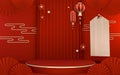 Mock up poium China Red, minimal .red geometric design.3D rendering