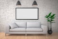 Mock up poster, big sofa, concrete wall background, 3d illustrat