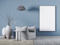 Mock up poster on blue wall in living room whit fabric armchair, a coffee table and big vase. Royalty Free Stock Photo