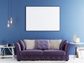 Mock up poster on a blue wall in modern hipster interior with violet sofa and white table. Royalty Free Stock Photo