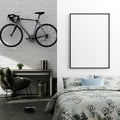 Mock up poster in boy teenage bedroom interior background, industrial style