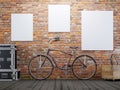 mock up poster and canvas in vintage hipster loft exterior background with bicycle. Royalty Free Stock Photo