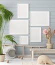 Mock up poster in children room background, pastel color room with natural wicker and wooden toys Royalty Free Stock Photo