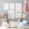 Mock up poster in children room background, pastel color room with natural wicker and wooden toys Royalty Free Stock Photo