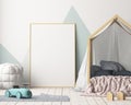 Mock up poster in the children`s bedroom with a canopy. Scandinavian style. 3d