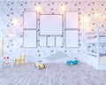 Mock up poster children`s color room, with light bulbs. 3d illustration studio, template, up, wall, white