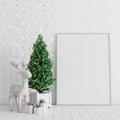 Mock up poster, Christmas and new year decoration. Christmas Room Interior Design with fir tree and presents 3d Render Royalty Free Stock Photo