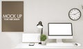 Mock up poster computer in office zen style and decoration on top table office.3D rendering Royalty Free Stock Photo